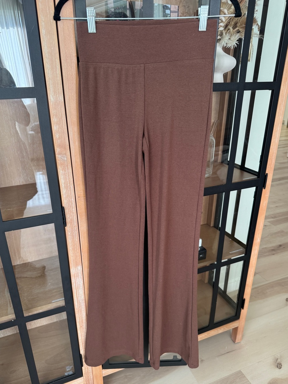 Stradivarius ASOS wide leg flare pants high rose waisted chocolate brown knit